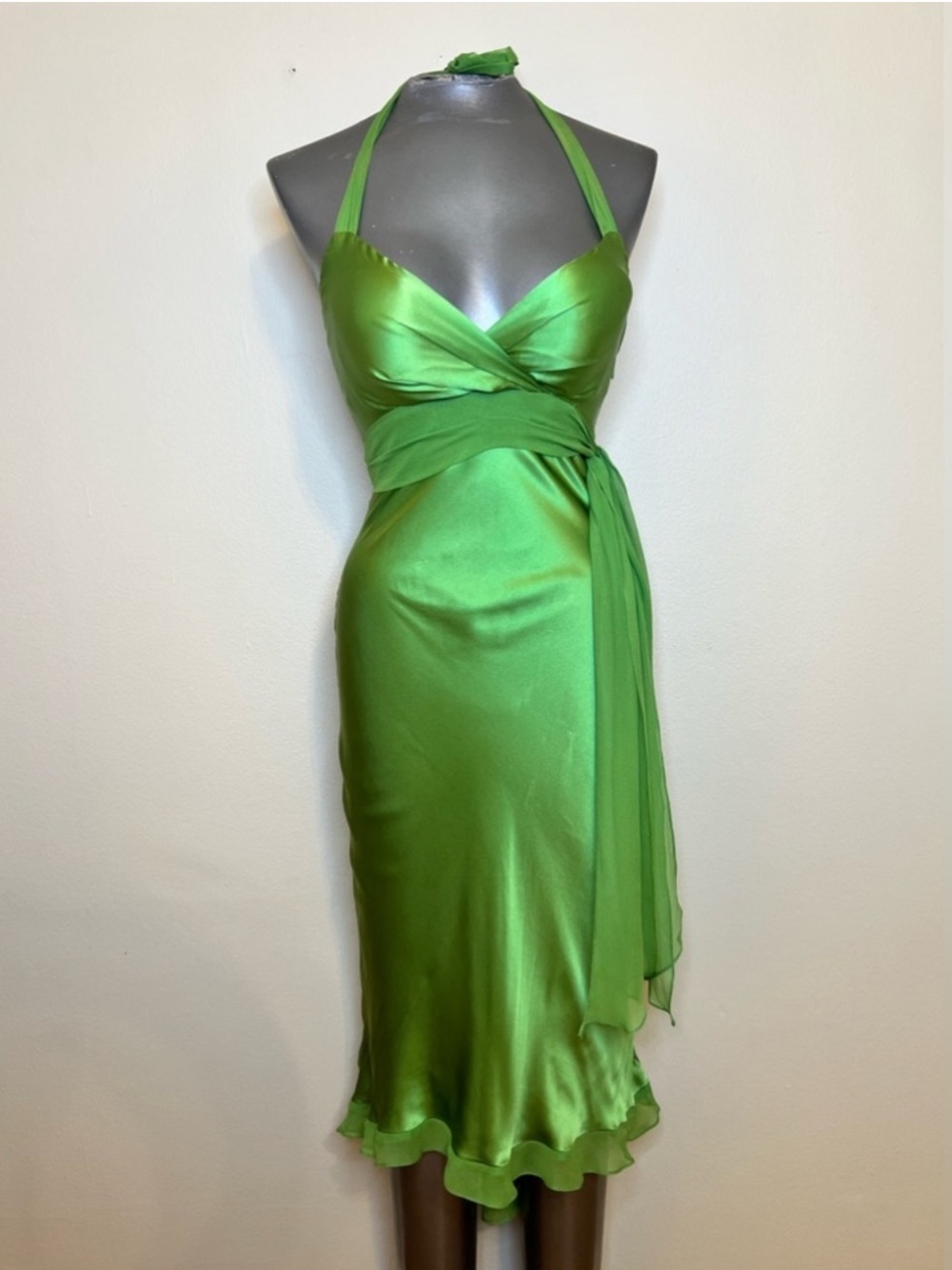 Cache Green  Satin Halter Wrap Midi Dress - Picture 3 of 6